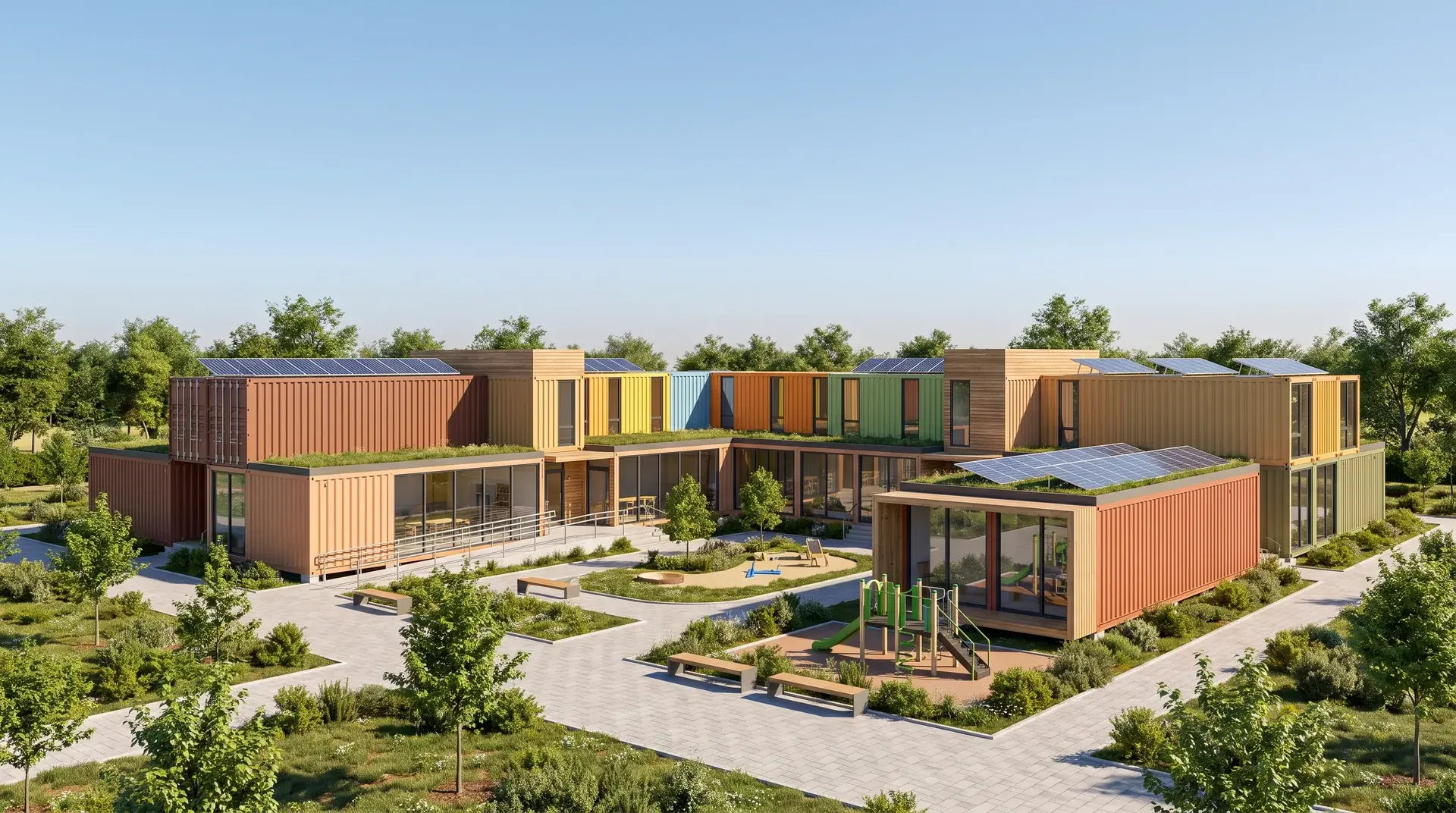 Architektonická vizualizácia modulárneho areálu s dvorom, ihriskom a záhradami.